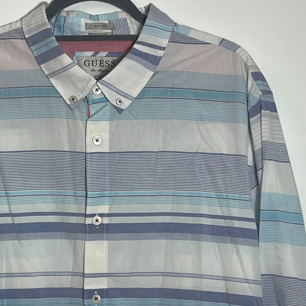 Guess Dillon Blue Striped Button Up‎ Mens XXL 2XL Slim Fit LS Casual Dress Shirt